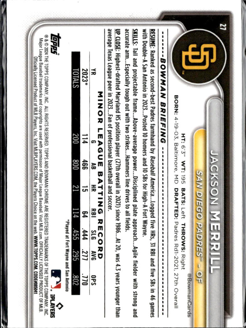 Jackson Merrill 2024 Bowman Chrome Rookie RC San Diego Padres