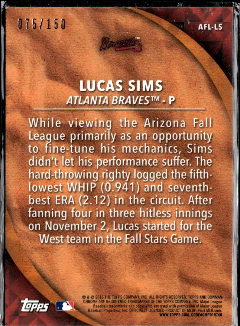 Lucas Sims 2016 Bowman Chrome AFL Blue Refractor 75/150 Atlanta Braves