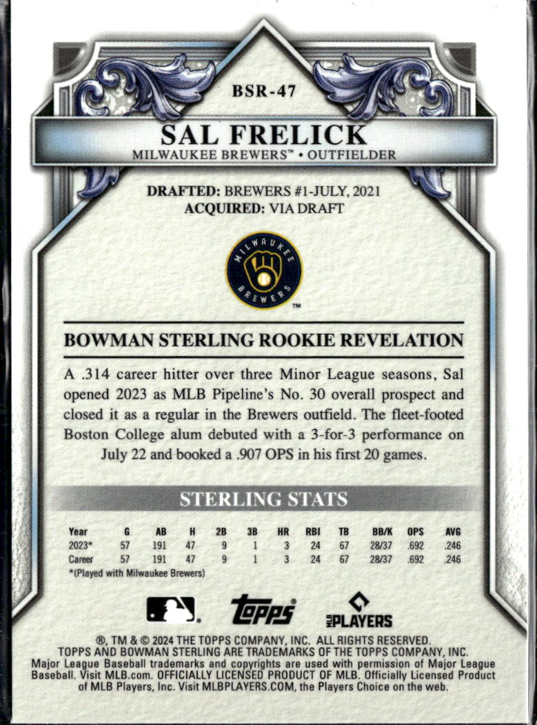 Sal Frelick 2024 Bowman Sterling RC Rookie 75/100  Milwaukee Brewers