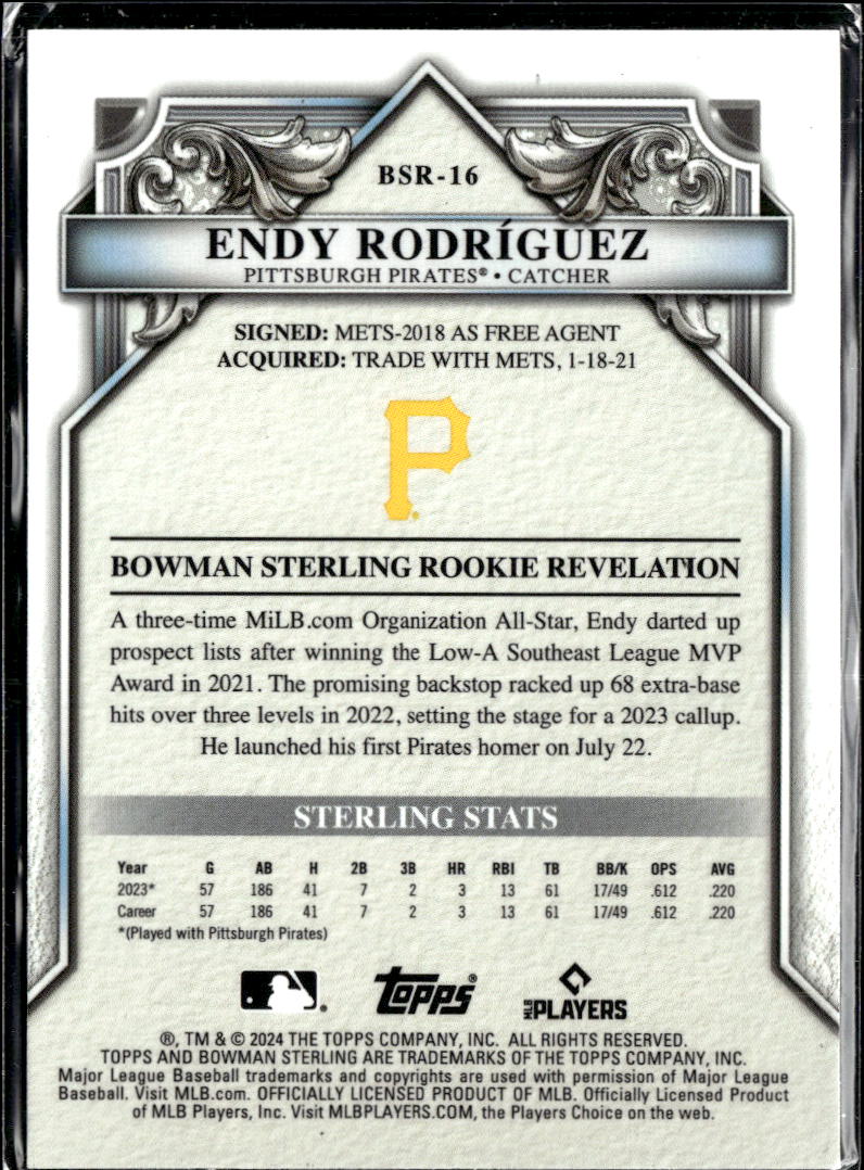 Endy Rodríguez 2024 Bowman Sterling RC Rookie 30/100 Pittsburgh Pirates