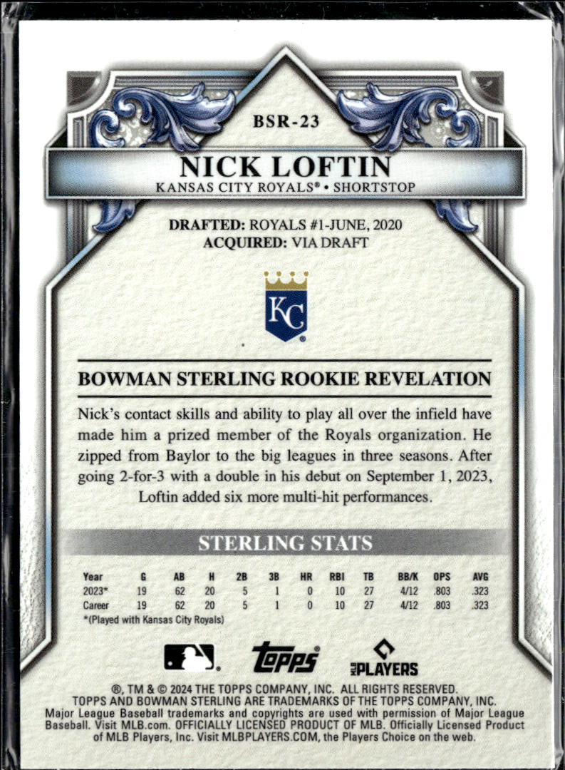 Nick Loftin 2024 Bowman Sterling Rookie RC /150 Kansas City Royals