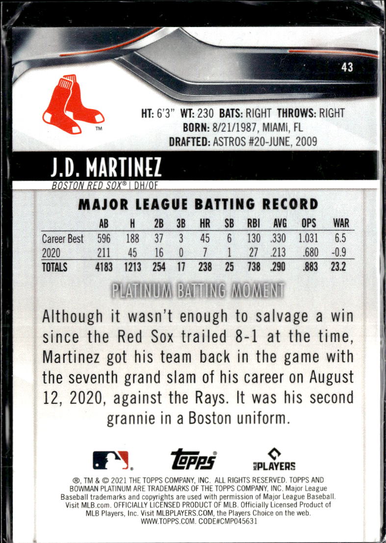 J.D. Martinez 2021 Bowman Platinum Green 76/99 Boston Red Sox