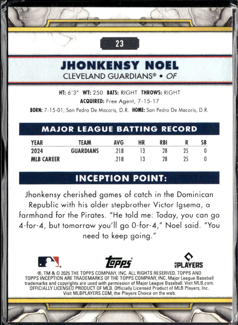 Jhonkensy Noel 2025 Topps Inception RC Rookie /199 Cleveland Guardians