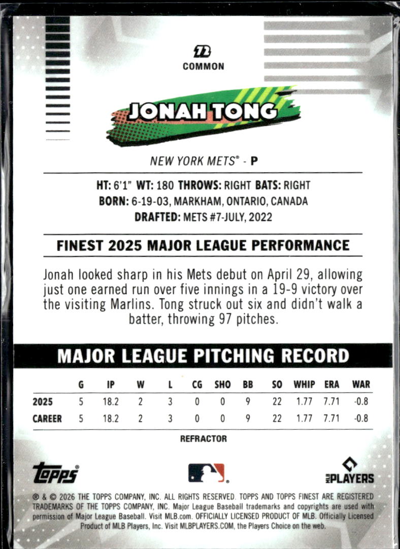 Jonah Tong 2026 Topps Finest Rookie RC Refractor New York Mets