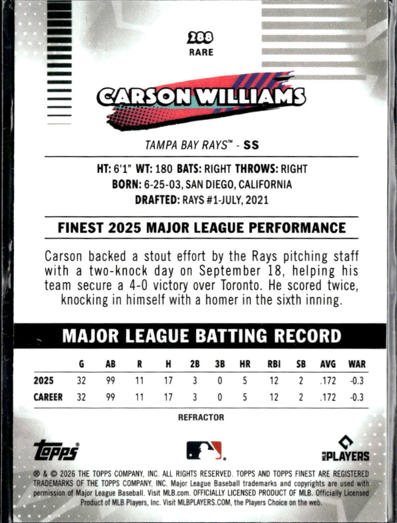 Carson Williams 2026 Topps Finest RARE RC Refractor Tampa Bay Rays