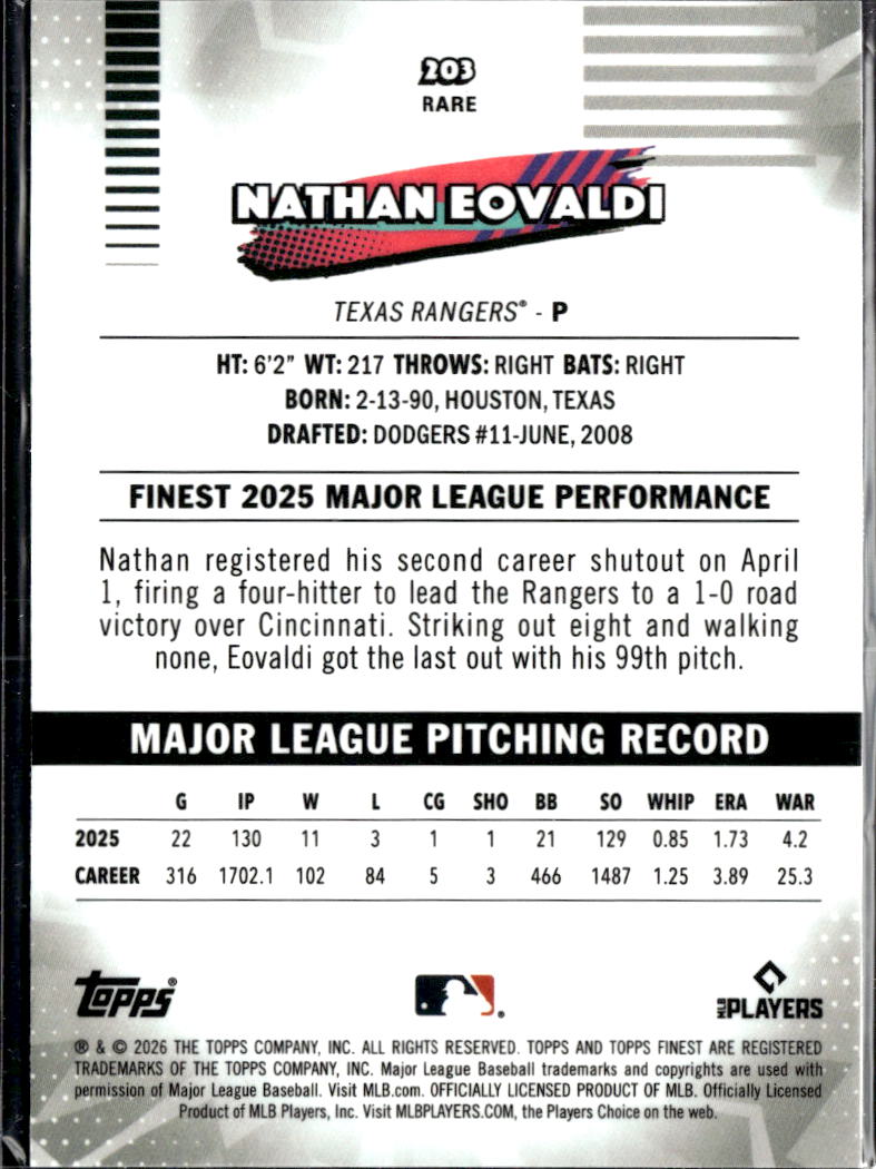 Nathan Eovaldi 2026 Topps Finest Aqua Refractor 124/199 Texas Rangers