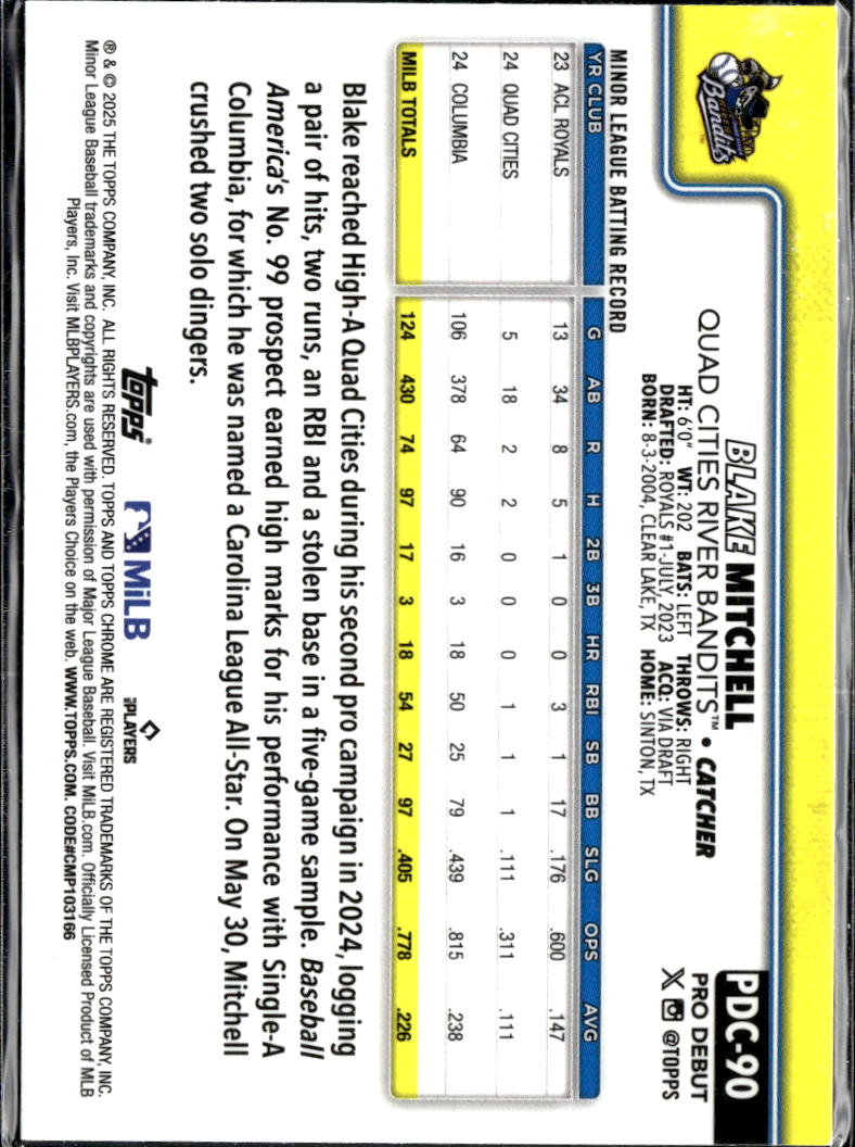 Blake Mitchell 2025 Topps Chrome Pro Debut Blue Refractor /150 Quad Cities