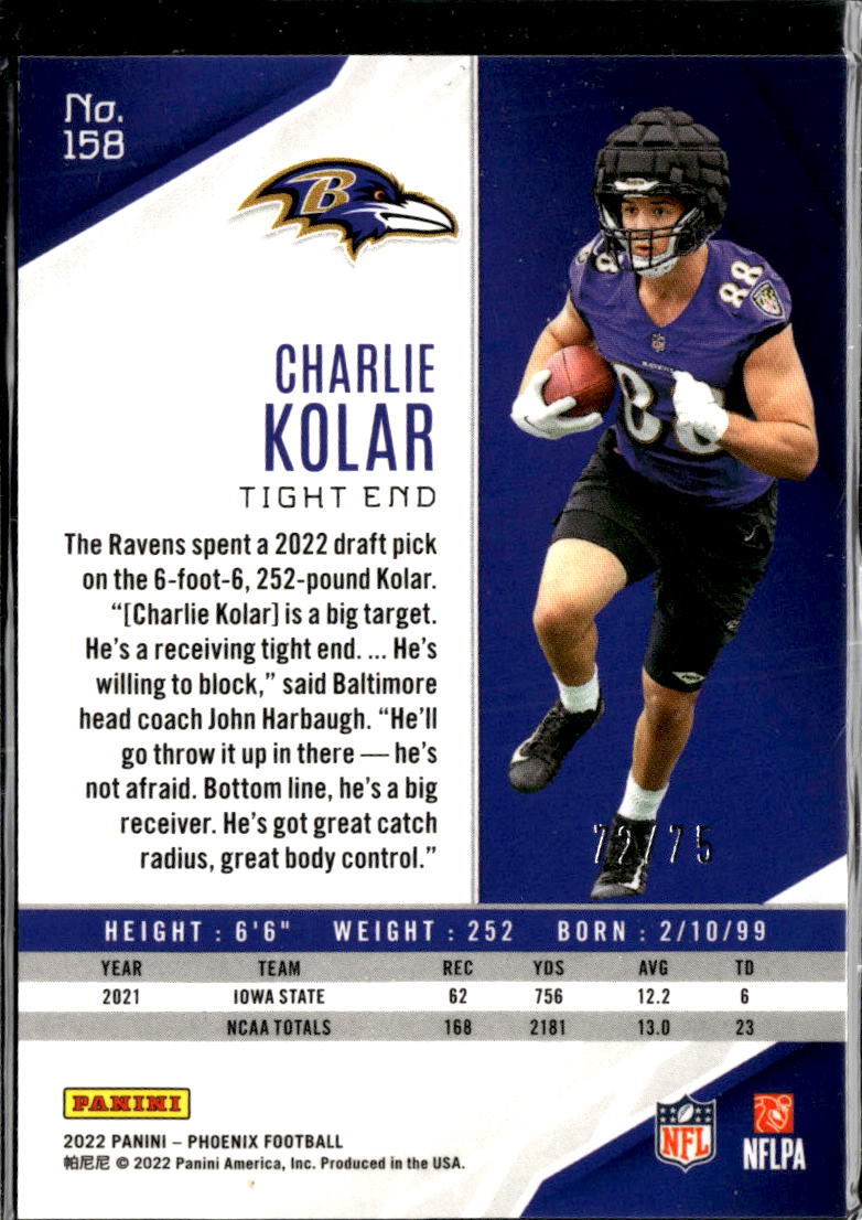 Charlie Kolar 2022 Phoenix Red Rookie RC /75 Baltimore Ravens