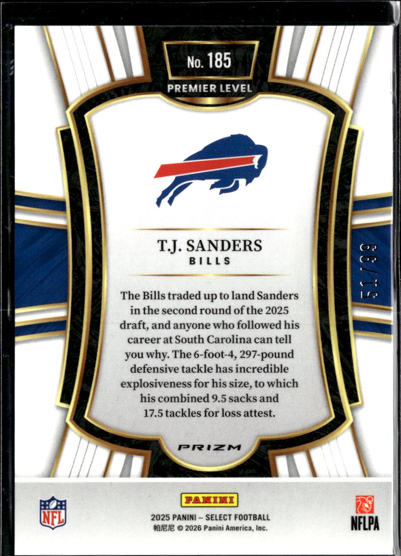 T.J. Sanders 2025 Select RC Light Blue Prizm 51/99 Buffalo Bills