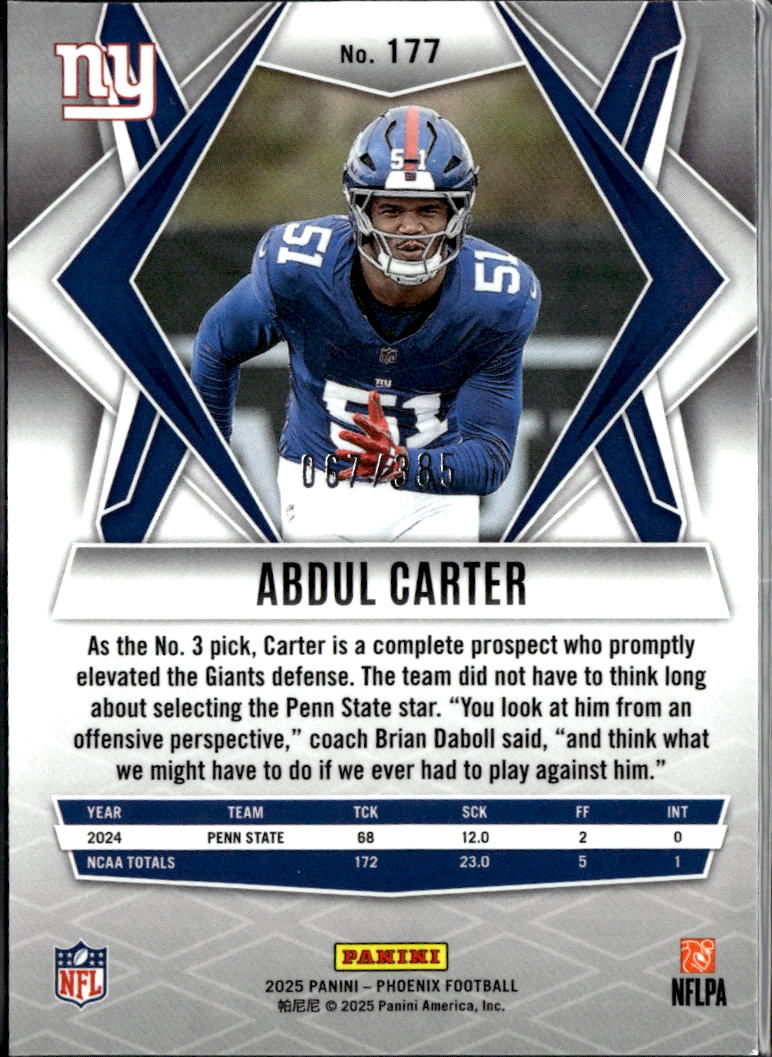 Abdul Carter 2025 Phoenix Blue Rookie RC 67/385 New York Giants