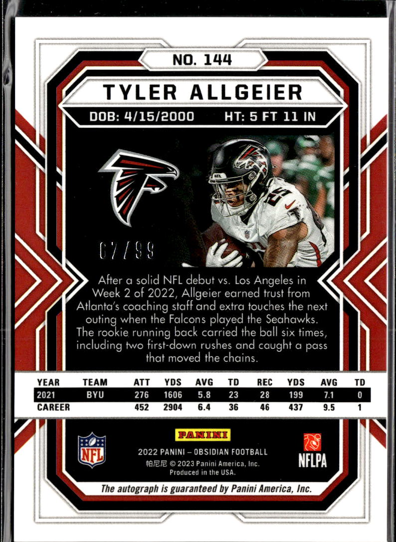 Tyler Allgeier 2022 Obsidian Auto Autograph RC /99 Atlanta Falcons