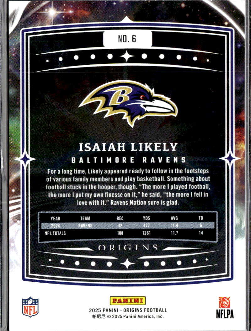 Isaiah Likely 2025 Origins Orange 103/149 Baltimore Ravens