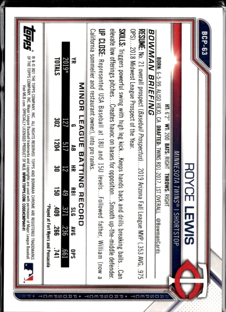 Royce Lewis 2021 Bowman Chrome Yellow Diamond Refractor /75 Minnesota Twins