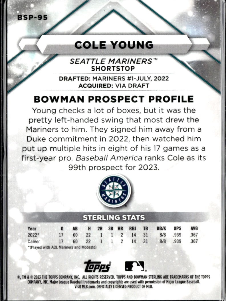 Cole Young 2023 Bowman Sterling Prospect /150 Seattle Mariners