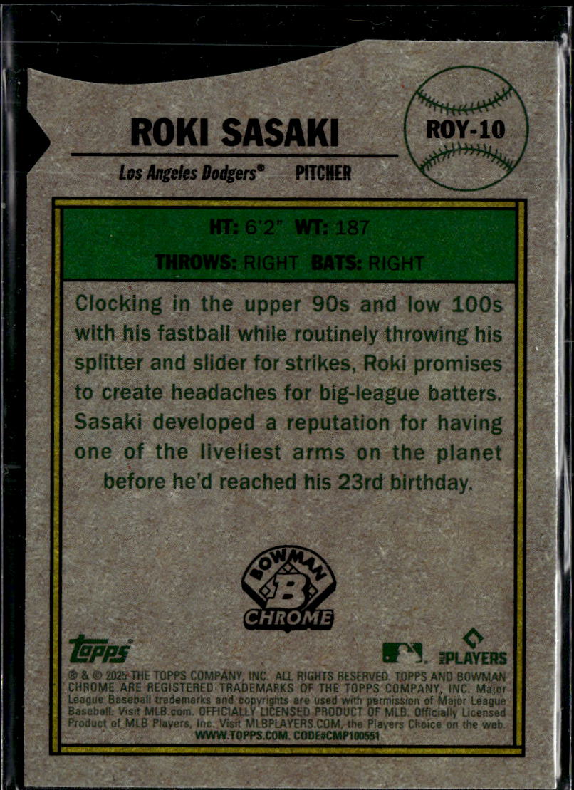 Roki Sasaki 2025 Bowman Chrome Rookie of the Year Favorites RC Dodgers