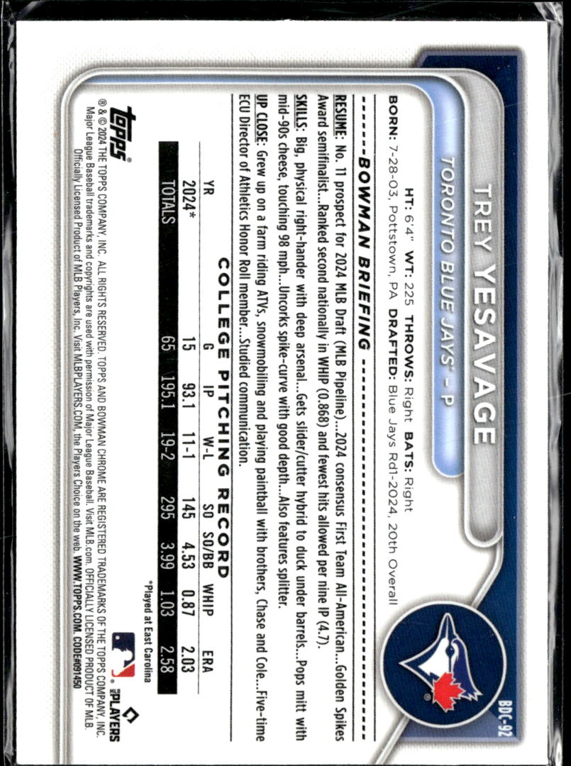 Trey Yesavage 2024 Bowman Chrome 1st Rookie RC Toronto Blue Jays