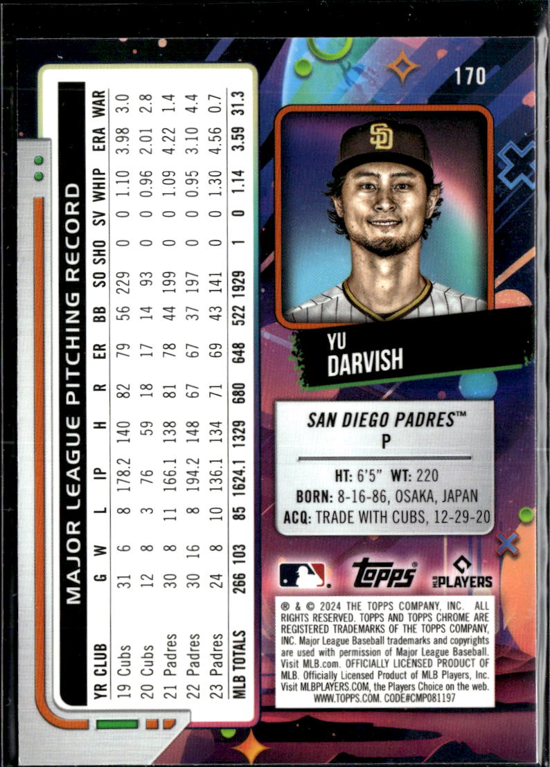 Yu Darvish 2024 Topps Chrome Cosmic Purple Refractor 23/150 San Diego Padres