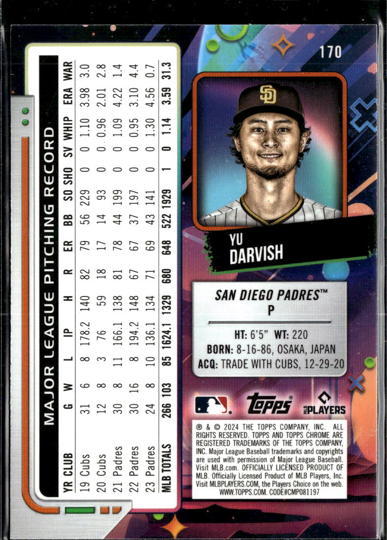 Yu Darvish 2024 Topps Chrome Cosmic Purple Refractor 109/150 San Diego Padres