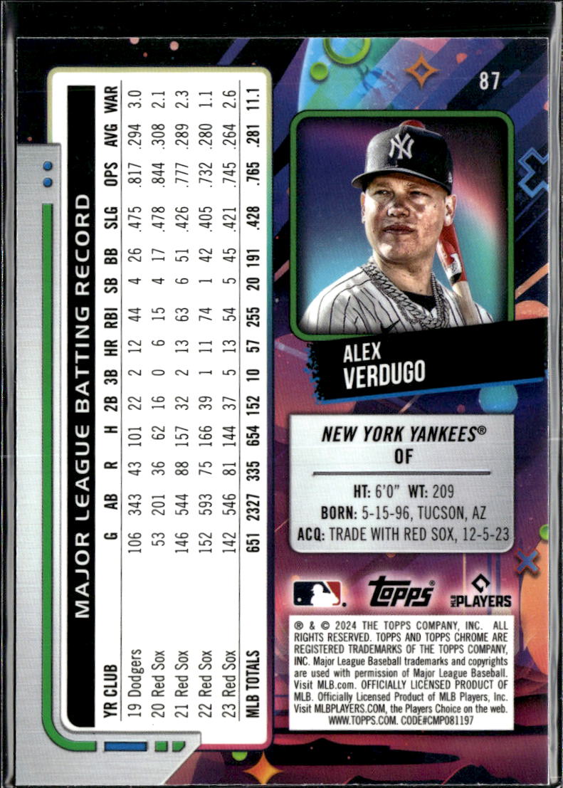 Alex Verdugo 2024 Topps Chrome Cosmic Aqua Refractor /199 New York Yankees