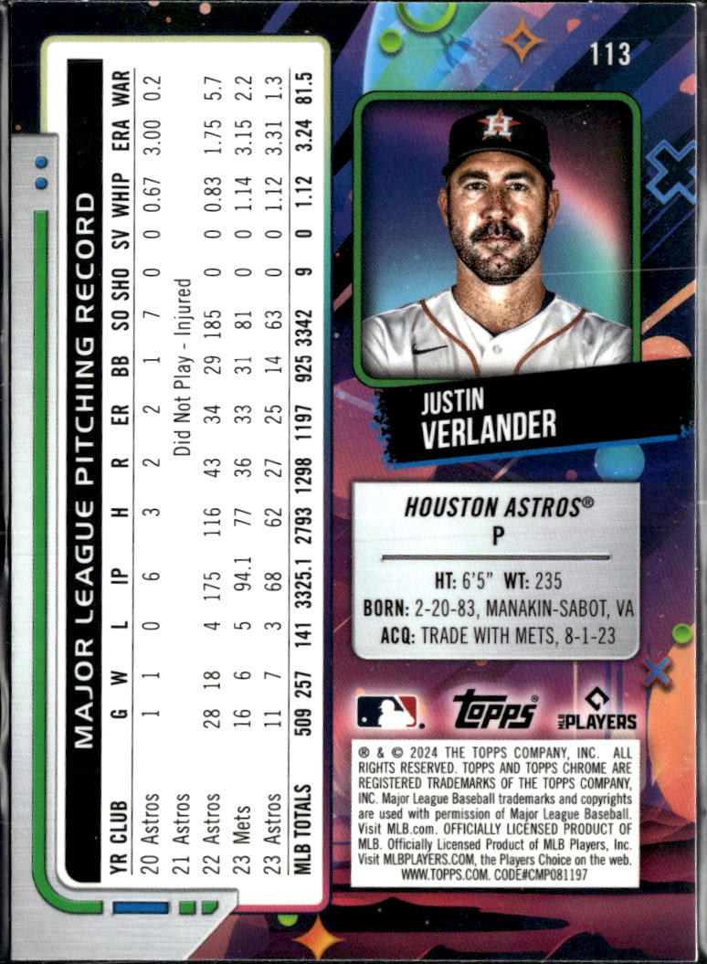 Justin Verlander 2024 Topps Chrome Cosmic Aqua Wave /199 Houston Astros