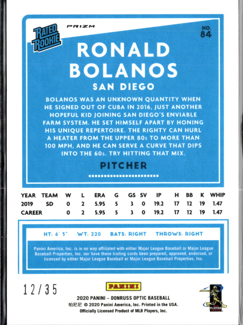 Ronald Bolanos 2020 Optic Teal Velocity Rated Rookie 12/35 San Diego Padres