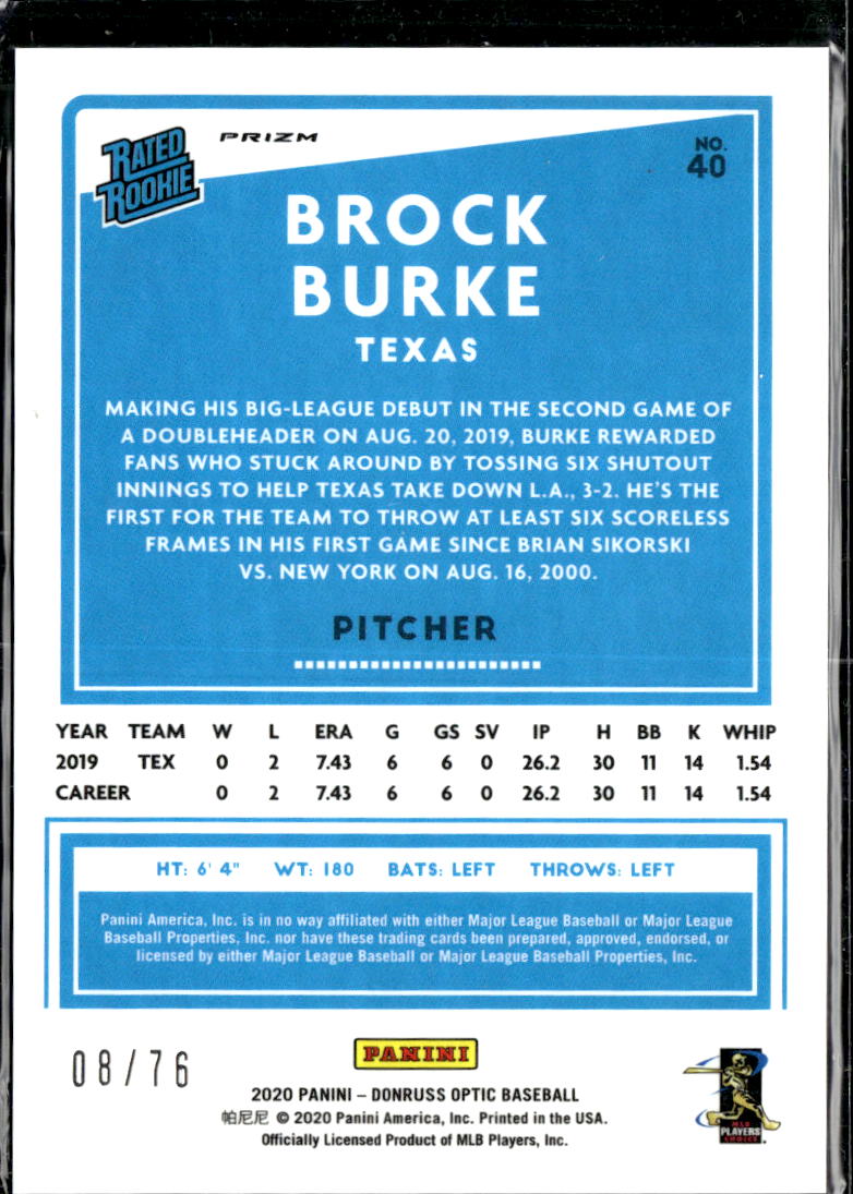 Brock Burke 2020 Optic Rated Rookie Blue Stars /76 Texas Rangers