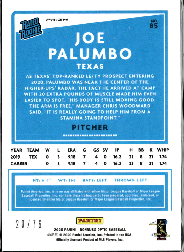 Joe Palumbo 2020 Optic Rated Rookie Blue Stars /76 Texas Rangers