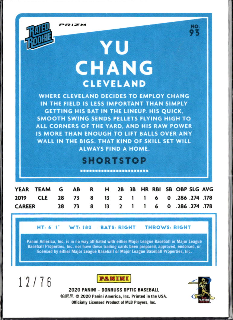 Yu Chang 2020 Optic Rated Rookie Blue Stars /76 Cleveland Indians
