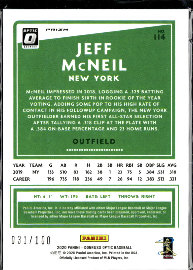 Jeff McNeil 2020 Optic Orange 31/100 New York Mets