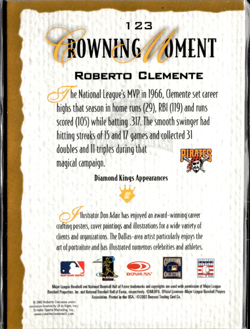 Roberto Clemente 2002 Donruss Diamond Kings Crowning Moment Pittsburgh Pirates