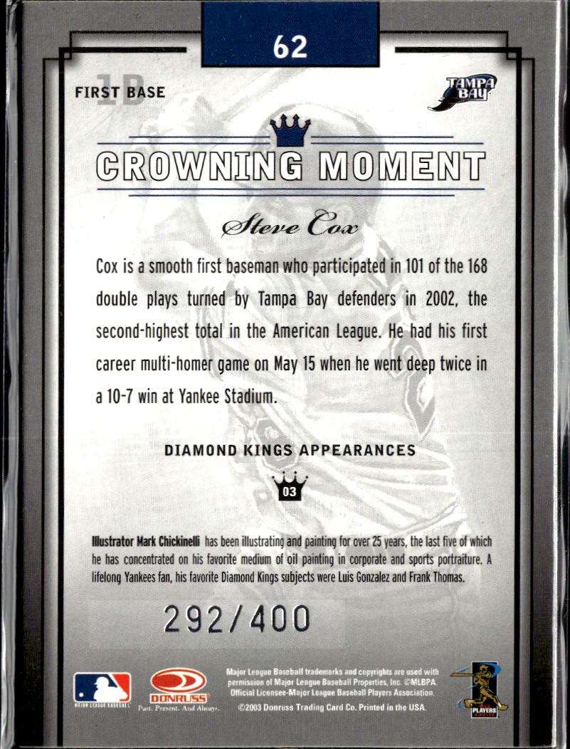 Steve Cox 2003 Donruss Diamond Kings Framed /400 Tampa Bay Devil Rays