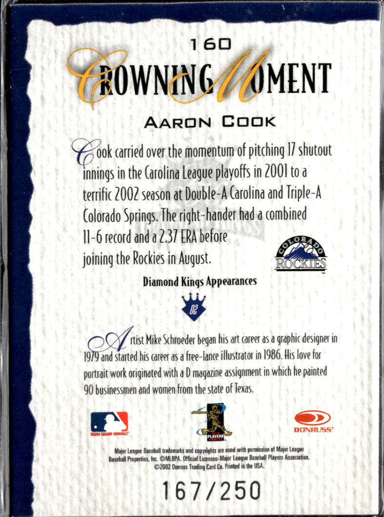 Aaron Cook 2002 Donruss Diamond Kings Crowning Moment /250 Colorado Rockies