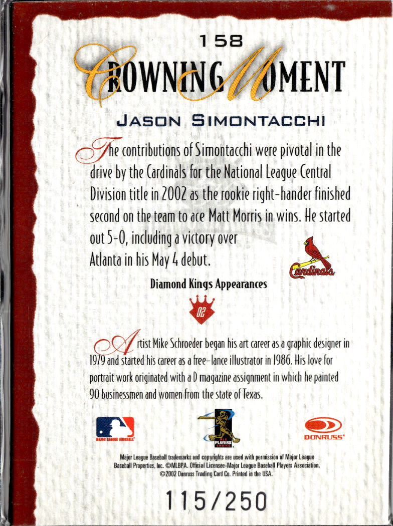 Jason Simontacchi 2002 Donruss Diamond Kings Crowning /250 St. Louis Cardinals