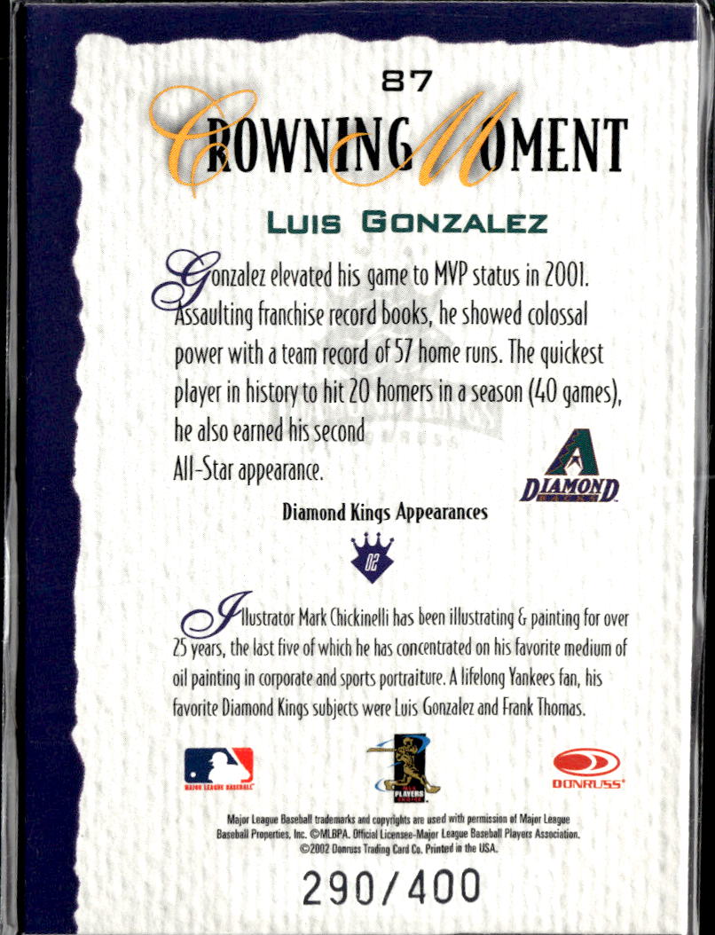 Luis Gonzalez 2002 Donruss Diamond Kings Crowning Moment /400 Diamondbacks