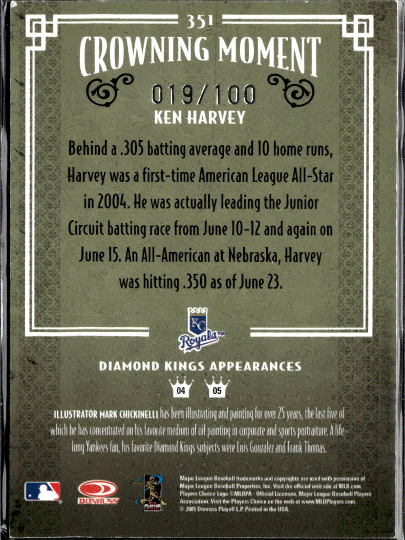 Ken Harvey 2005 Donruss Diamond Kings Crowning Moment /100 Kansas City Royals