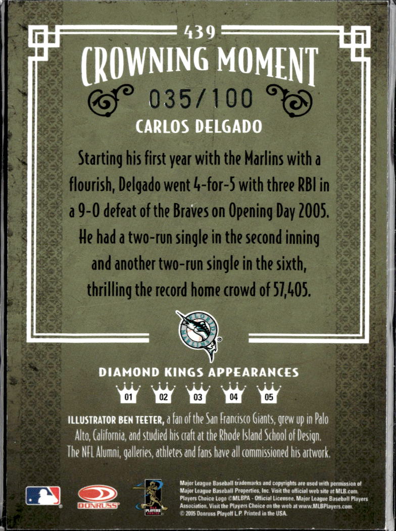 Carlos Delgado 2005 Donruss Diamond Kings Crowning Moment /100 Florida Marlins