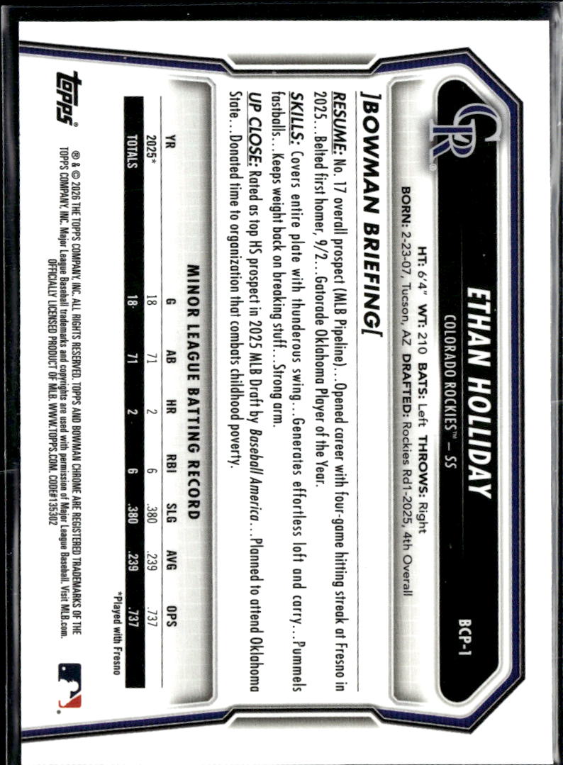 Ethan Holliday 2026 Bowman Chrome 1st Rookie RC Colorado Rockies