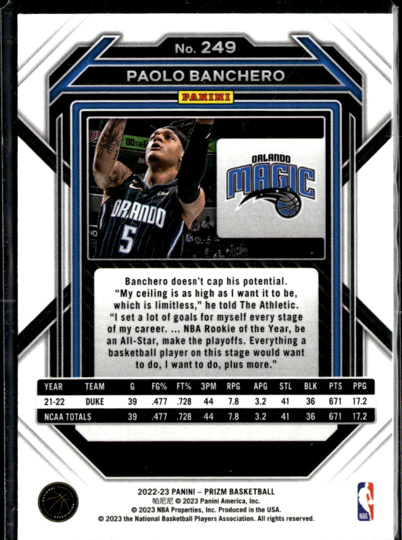 Paolo Banchero 2022-23 Panini Prizm Rookie RC Orlando Magic