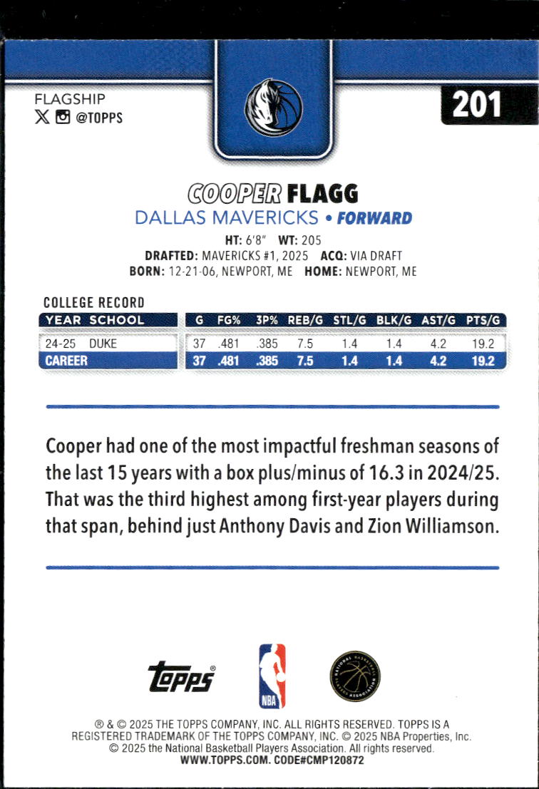 Cooper Flagg 2025 Topps Rookie RC Dallas Mavericks