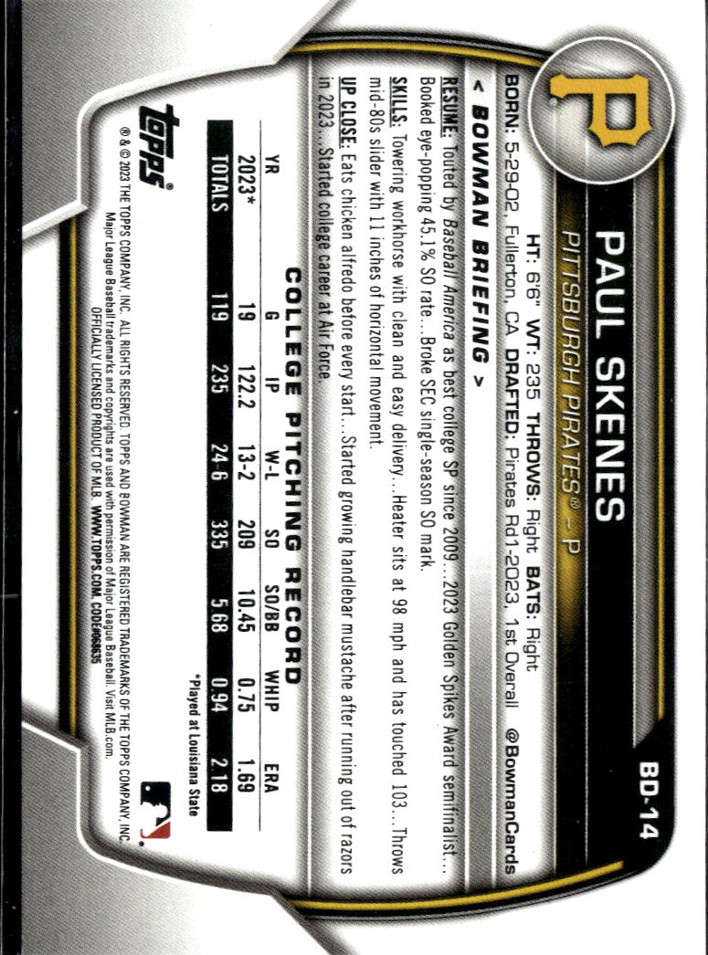 Paul Skenes 2023 Bowman Draft 1st Rookie RC Pittsburgh Pirates