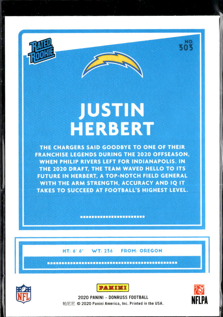 Justin Herbert 2020 Donruss Rated Rookie Canvas Los Angeles Chargers