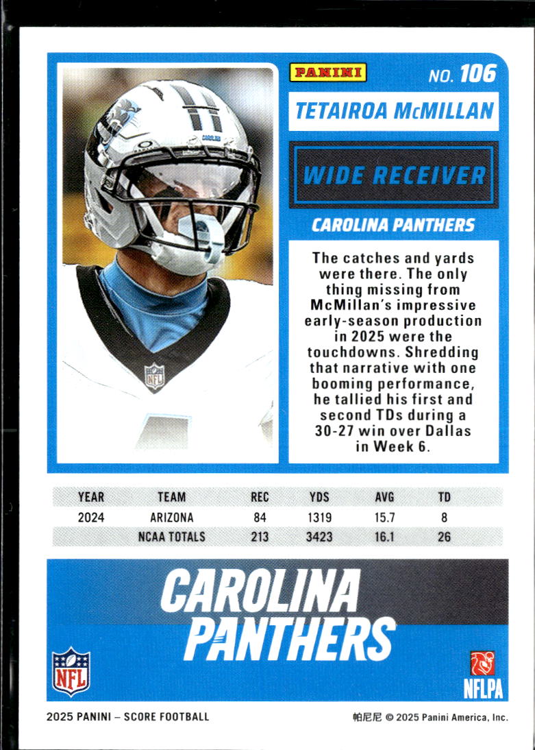 Tetairoa McMillan 2025 Panini Score Redemption RC Carolina Panthers