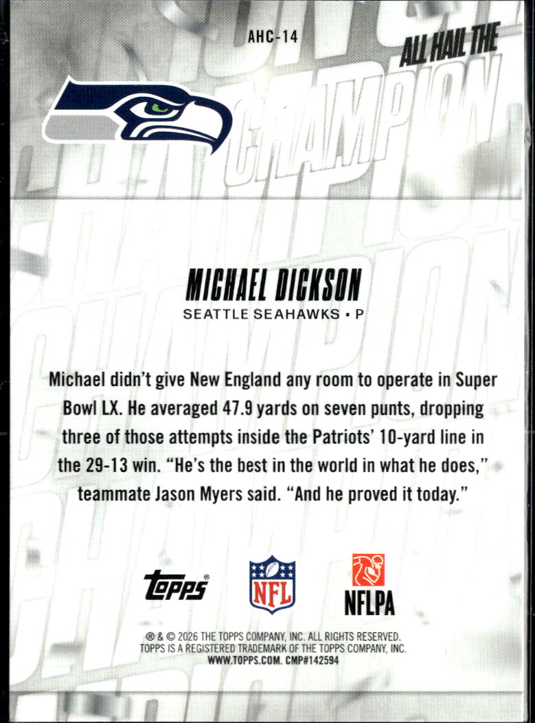 Michael Dickson 2026 Topps All Hail the Champion SSP Seattle Seahawks