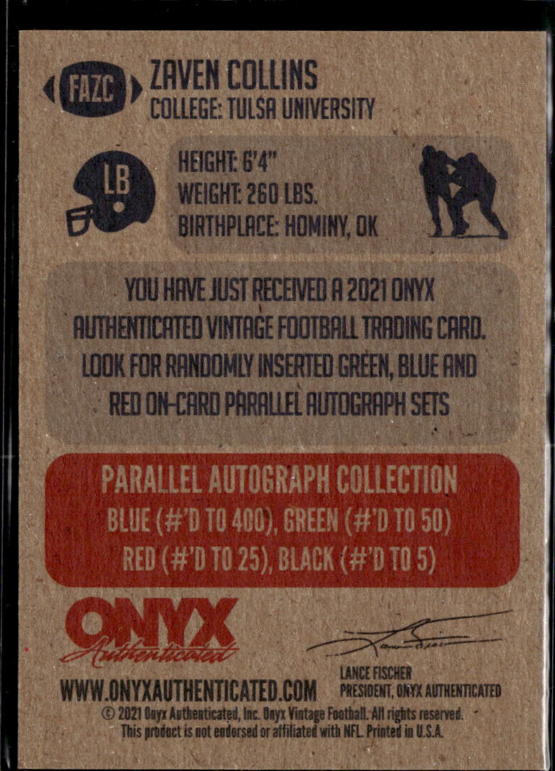 Zaven Collins 2021 Onyx Vintage RC Auto Autograph Tulsa Golden Hurricane