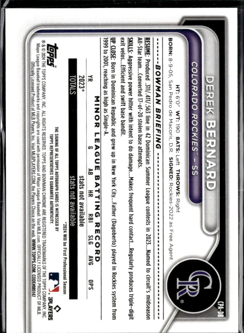 Derek Bernard 2024 Bowman Chrome 1st Auto Autograph RC 49/150 Colorado Rockies