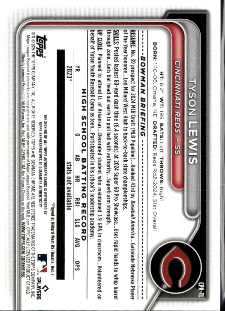 Tyson Lewis 2024 Bowman Chrome 1st Auto Autograph 77/99 Cincinnati Reds
