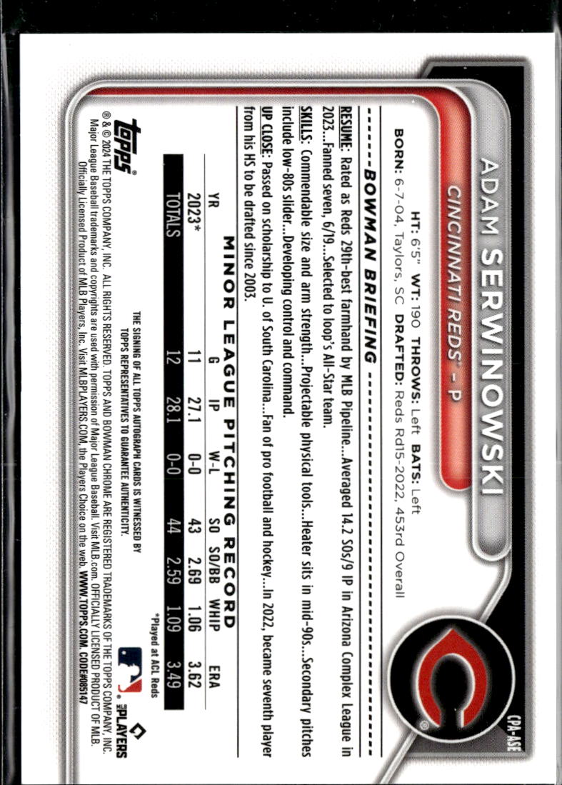 Adam Serwinowski 2024 Bowman Chrome 1st Auto Autograph /250 Cincinnati Reds