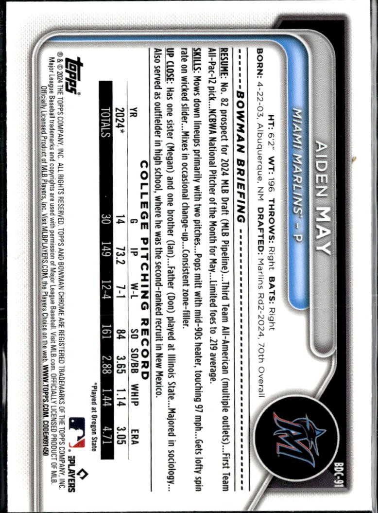 Aiden May 2024 Bowman Chrome 1st Purple Refractor 150/250 Miami Marlins