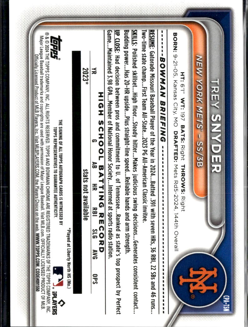 Trey Snyder 2024 Bowman Chrome 1st Auto Autograph 97/99 New York Mets