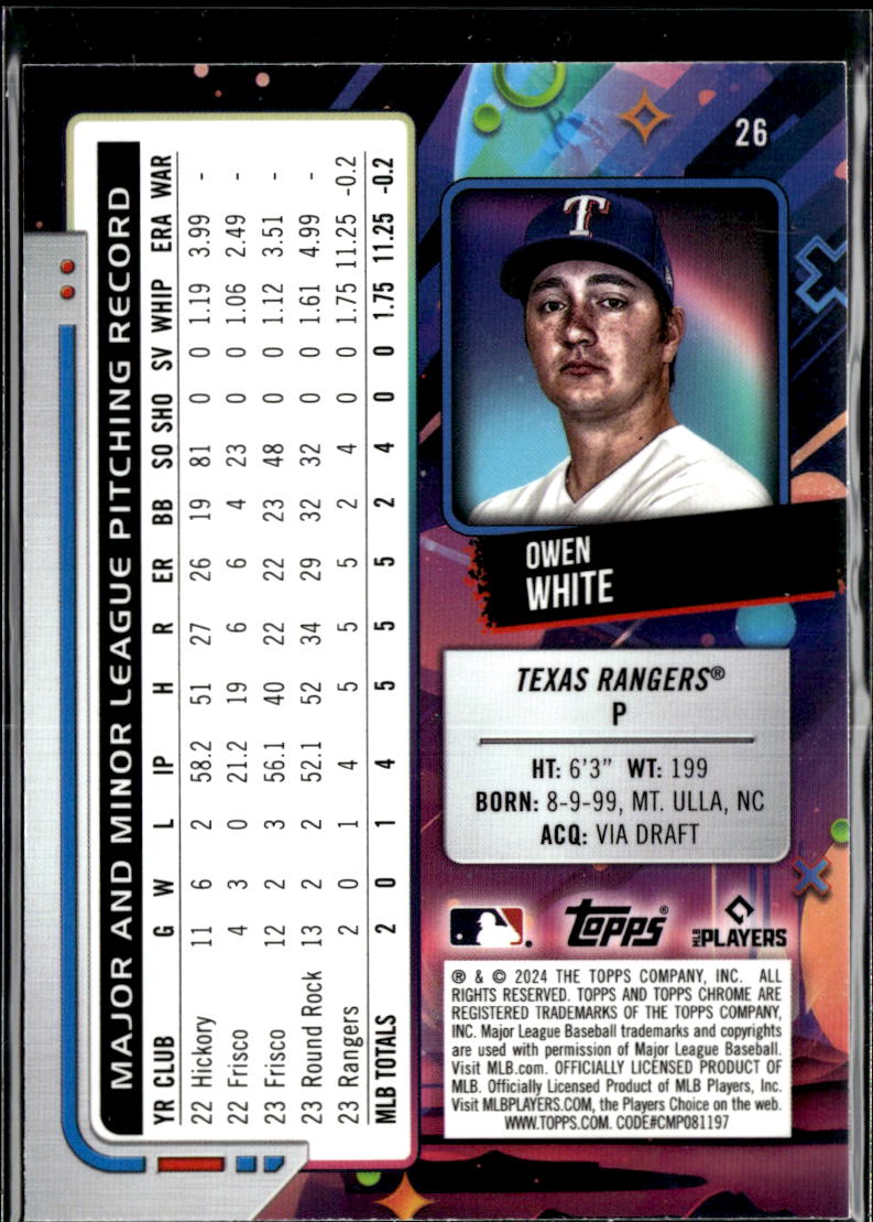 Owen White 2024 Topps Chrome Cosmic Green Refractor RC /75 Texas Rangers